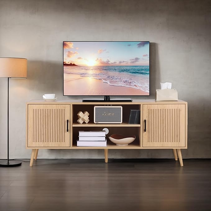 Modern TV Stand for 65 Inch TV, Entertainment Center with 2 Storage Cabinets and Adjustable Shelf, Solid Wood Feet, 4 Cord Holes, Groove Stripe Media TV Console Table for Living Room Bedroom (Natural)