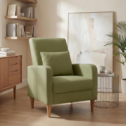 COLAMY Mid-Century Modern Upholstered Accent Chair with Back Pillow & Solid Wood Legs, Leather Cozy Armchair for Living Room, Bedroom, Reading Nook, Apartment & Small Spaces, Green
