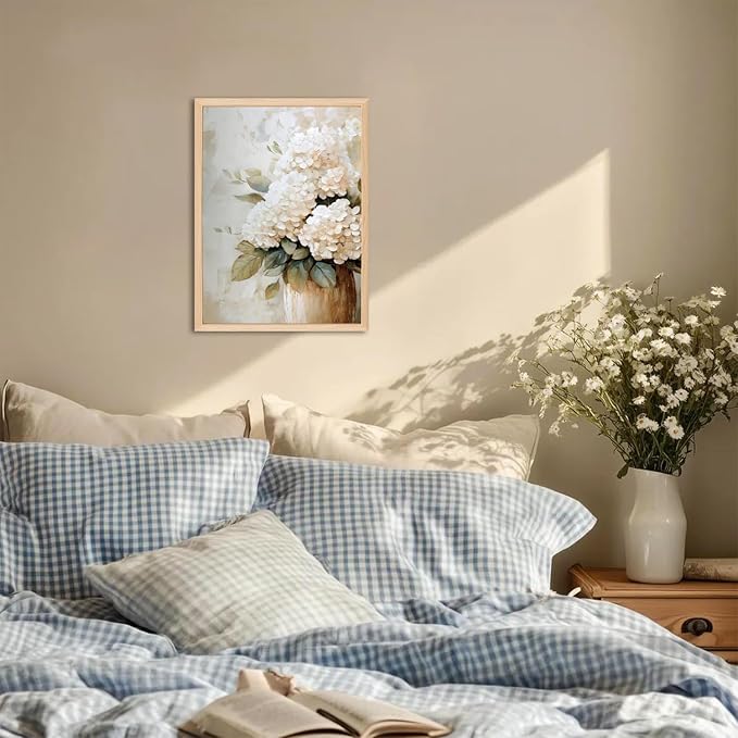 Framed Hydrangea Wall Art, White Floral Botanical Wall Decor Pictures, Vintage Flower Canvas Prints Paintings Farmhouse Aesthetic Home Decor for Living Room Bedroom Bathroom Kitchen 12x16 inch