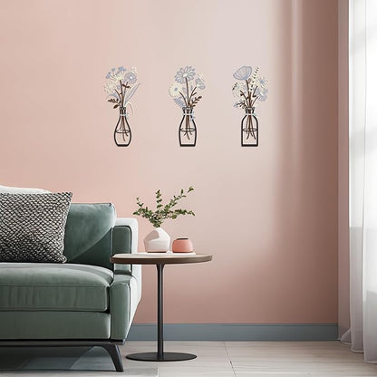 3 Pieces Metal Flowers Wall Art Decor, House Minimalist Bathroom Wall Decors Sculptures for Living Room Dining Room Bedroom Housewarming Gifts