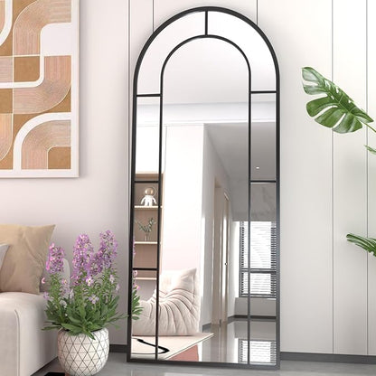 Rowjut Arched Wall Mirror 56" x 22" Window ＆ Wall Decorative Mirror, Iron Framed Window Pane Mirrors, Arched Top Wall Mirror for Entryway Living Room, Bedroom, Fireplace (Black)