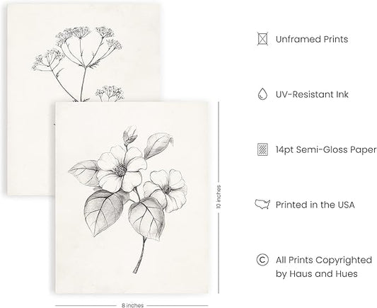 HAUS AND HUES Grey Floral Wall Art - Set of 4 Plant Posters for Wall Vintage, Botanical Prints, Black and White Wall Art Flower Pictures for Room Aesthetic, Farmhouse Bathroom Art (8x10, Unframed)