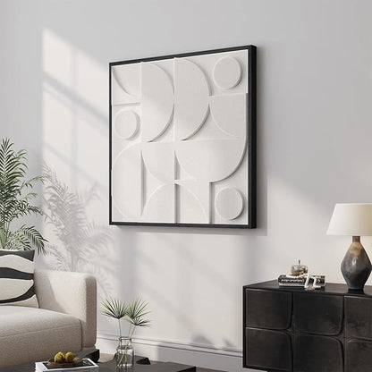 Large 3D Textured Framed White Abstract Wall Art for Living Room, Modern Geometric Sandstone Texture Paintings Artwork for Walls, White Minimalist Pictures for Bedroom Hallway Wall Decor 30x30 In