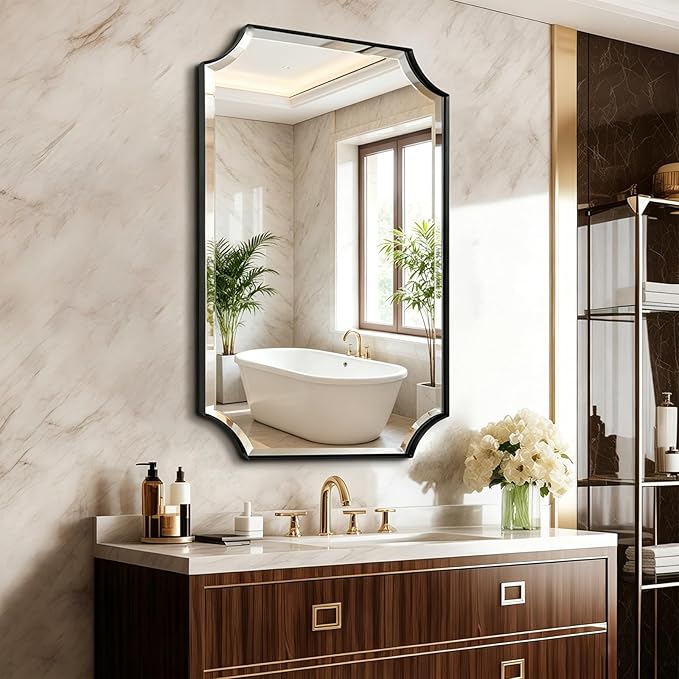 POZINO Rectangle Beveled Mirror, 24"x40" Modern Bathroom Vanity Mirror for Over Sink, Matte Black Rounded Corner Oblong Mirrors for Living Room Bedroom Entryway, Horizontal or Vertical Hanging