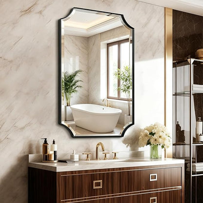 POZINO Rectangle Beveled Mirror, 24"x40" Modern Bathroom Vanity Mirror for Over Sink, Matte Black Rounded Corner Oblong Mirrors for Living Room Bedroom Entryway, Horizontal or Vertical Hanging