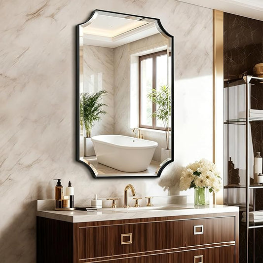 POZINO Rectangle Beveled Mirror, 24"x40" Modern Bathroom Vanity Mirror for Over Sink, Matte Black Rounded Corner Oblong Mirrors for Living Room Bedroom Entryway, Horizontal or Vertical Hanging