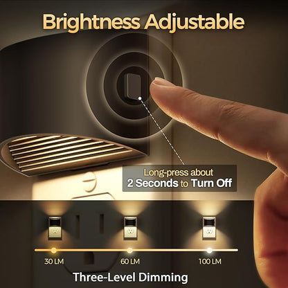 DORESshop LED Night Light[2 Pack], Night Lights Plug into Wall, 3 Level Brightness Adjustable Plug in Night Light, Dusk to Dawn Sensor, Nightlights for Adults, Bedroom, Bathroom, Hallway, 3000K