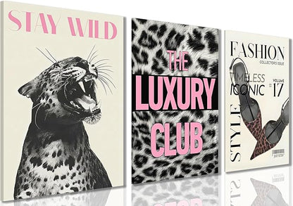 Yxjyzzkx Leopard Wall Art Set of 3, Black and White Cheetah Canvas Prints with Pink Quotes, Fashion Animal Wall Decor, Eclectic Modern Aesthetic Posters for Living Room Bedroom, 12x16 Inch