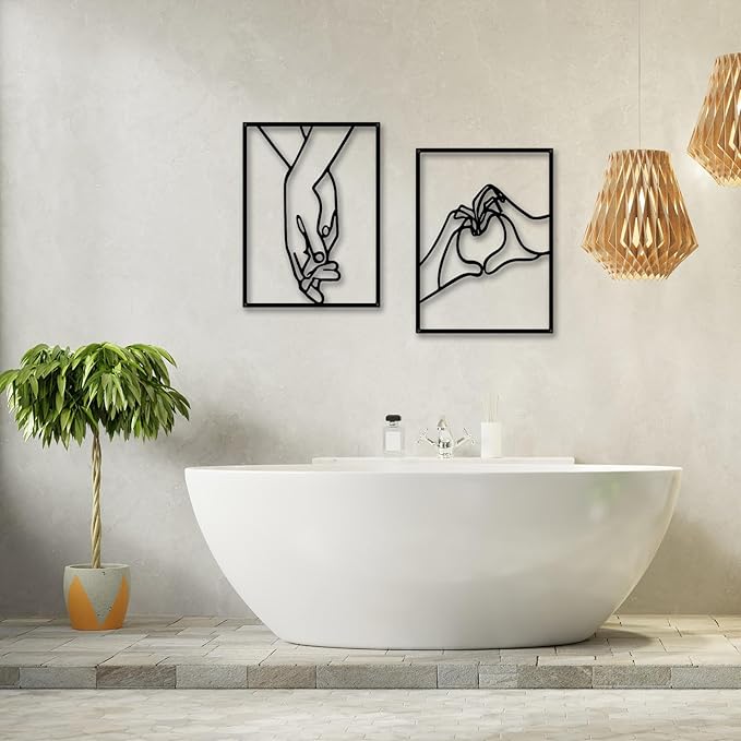 EDCIJB 3 Pcs Minimalist Heart Hands Black Metal Wall Decor Single Line Wall Art Abstract Metal Wall Art Decor for Bedroom Livingroom,Bathroom,Decor for Couples