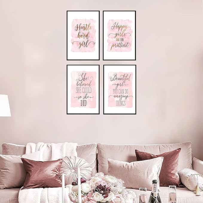 Set of 4 Framed Motivational Wall Art Quote Letters for Living Room Home Decor, Canvas Painting Posters Print Pictures Positive Words for Home Office Teen Bedroom Decoration Nordic