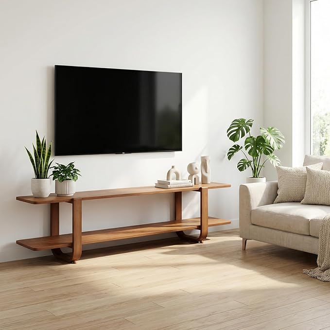 55" Bamboo TV Stand for 65 inch TV, Media Console Table with 2-Tier Shelves, Mid-Century Entertainment Center for Living Room, Bedroom, Walnut