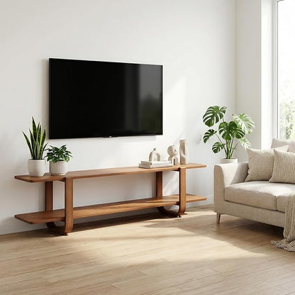 55" Bamboo TV Stand for 65 inch TV, Media Console Table with 2-Tier Shelves, Mid-Century Entertainment Center for Living Room, Bedroom, Walnut