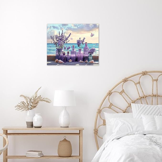 LB Ocean Purple Lavender Wall Art Purple Flower in Vase with Butterfly Canvas Wall Art Blue Sky and White Cloud Wall Decor for Living Room Bedroom Bathroom Office Framed Ready to Hang 12L x 16W