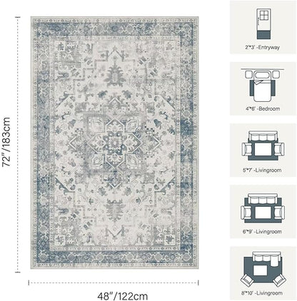 Rugxara Washable Area Rug for Living Room, Neutral Vintage Boho Rugs for Office, Dining Room, Kids Room, Farmhouse, Durable Low Pile Non Slip Carpet for High Traffic Areas, Light Blue Grey(4x6 ft)