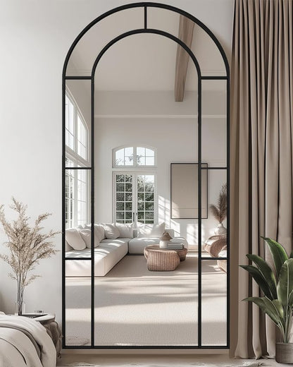 Antok 81" x 41" Full Length Mirror, Floor Mirror Arched Window Decorative Mirror, Metal Framed Decor Farmhouse Floor Mirrors Art Pane Mirrors Wall Decor for Bedroom, Living Room, Entryway Black