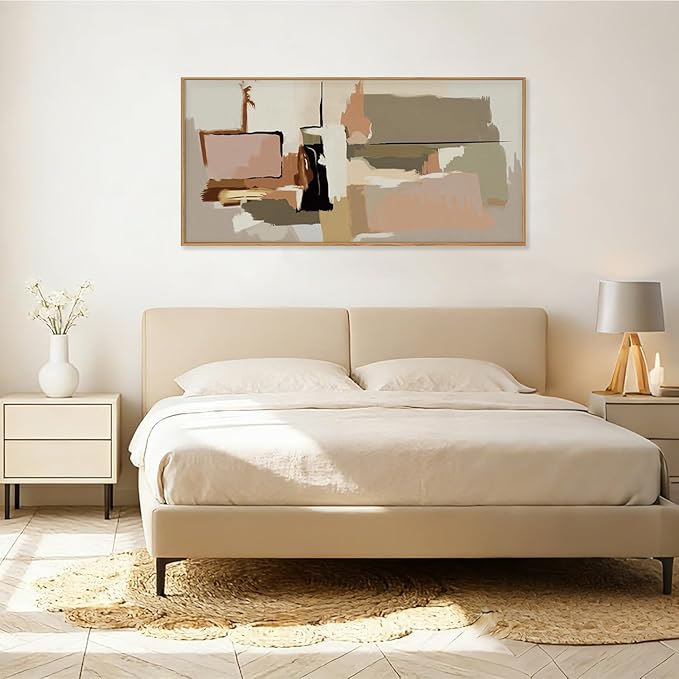 Abstract Neutral Brushstroke Framed Canvas Wall Art Set,Minimalist Beige Toned Color Blend Wall Decor,Modern Color Block Geometric Artwork for Living Room,Bedroom-20 x40