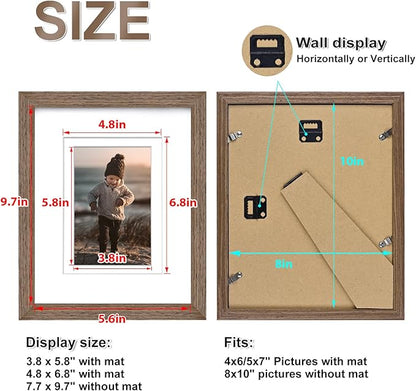KINLINK 8x10 Picture Frame Brown Wood, Solid Wood Frames with Acrylic Plexiglass for Pictures 4x6/5x7 with Mat or 8x10 without Mat, Tabletop and Wall Display Photo Frame, Set of 4