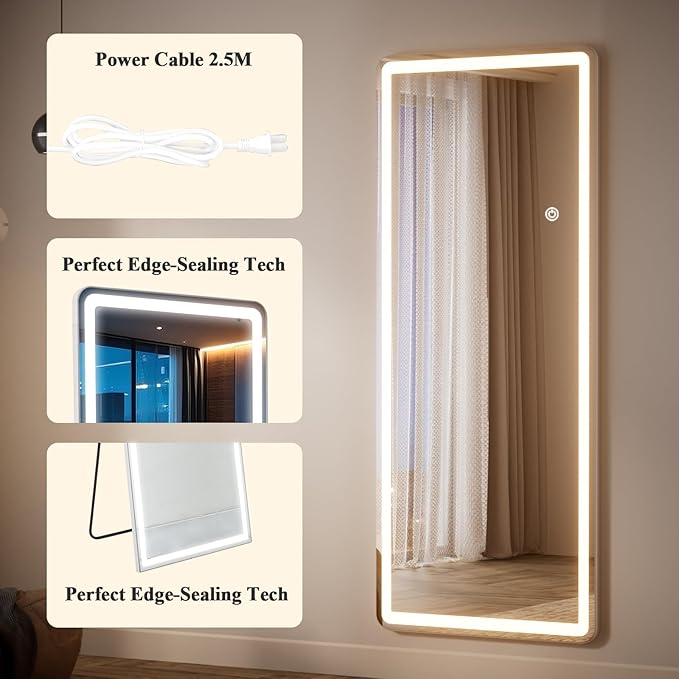 LED Mirror Full Length - 71" x 26" Large Round Corners Floor Full Body Mirror with 3 Color Lights Brightness Adjustable, Standing Leaning for Bedroom, Dressing Room, Cloakroom, White