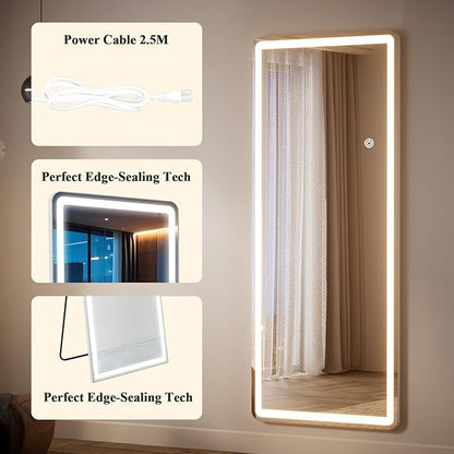 LED Mirror Full Length - 71" x 26" Large Round Corners Floor Full Body Mirror with 3 Color Lights Brightness Adjustable, Standing Leaning for Bedroom, Dressing Room, Cloakroom, White