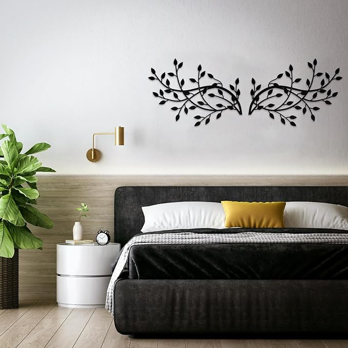 Meltset Metal Tree Leaf Wall Decor, Vine Olive Leaf Branch Wall Art, Black Metal Art, Wrought Iron Scroll Wall Decor, Decorative Wall Sculpture Above Bed, Living Room,Bathroom,Indoor Outdoor(L/Black)