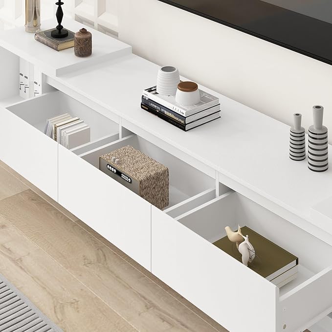 Extendable TV Console Table Modern TV Cabinet with Drawers, Contemporary Entertainment Center Media Storage Console Table for Living Room White (65.4-106.3”W x 15.7”D x 15.4”H)