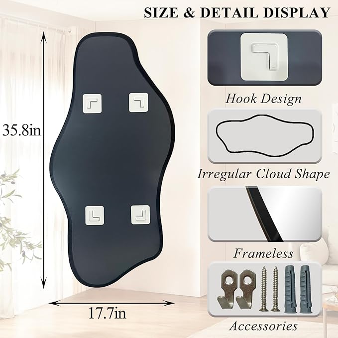 Irregular Frameless Mirror, 35.8"x17.7" Asymmetrical Tempered Glass Mirror, Modern Abstract Wall Mirrors for Living Room Bathroom Bedroom Hallway Entryway, Horizontal or Vertical Hanging