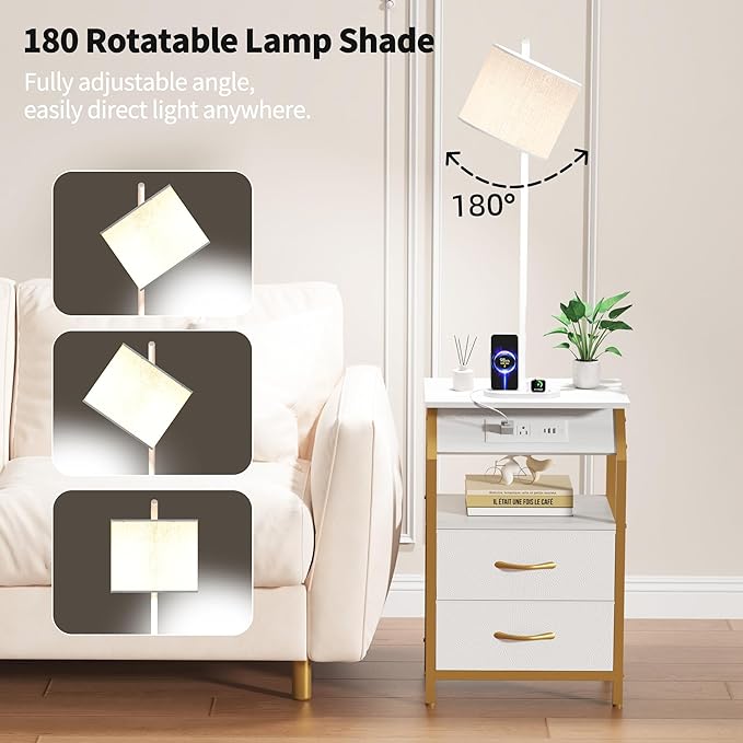 End Table with Floor Lamp, Nightstand with Charging Station, Floor Lamp Table with 3-Color Temperature Bulb, Bedside Table Night Stand with 2 Drawers for Bedroom, Living Room, Gold