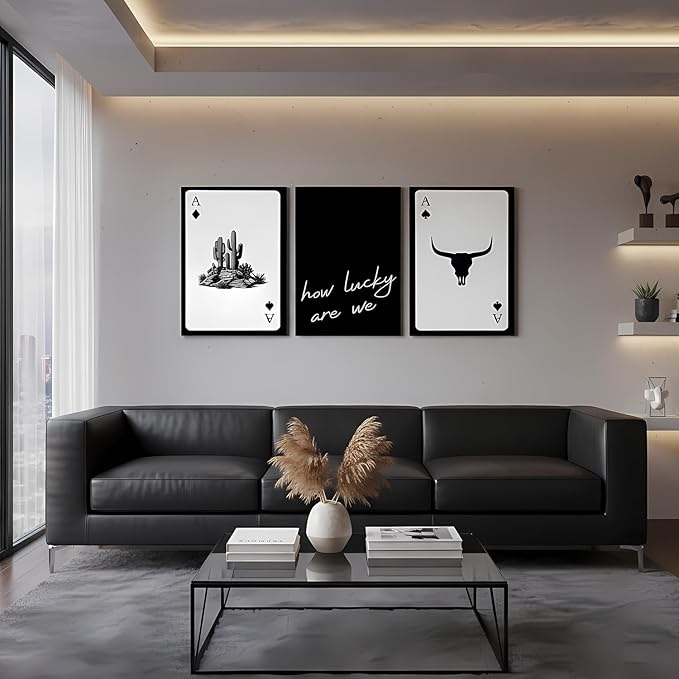 Yxjyzzkx 3-Piece Western Playing Card Wall Art Canvas Set, Black and White Cowboy Aesthetic Wall Decor, Ace of Spades Longhorn Minimalist Quote Canvas Prints for Living Room Bedroom Office