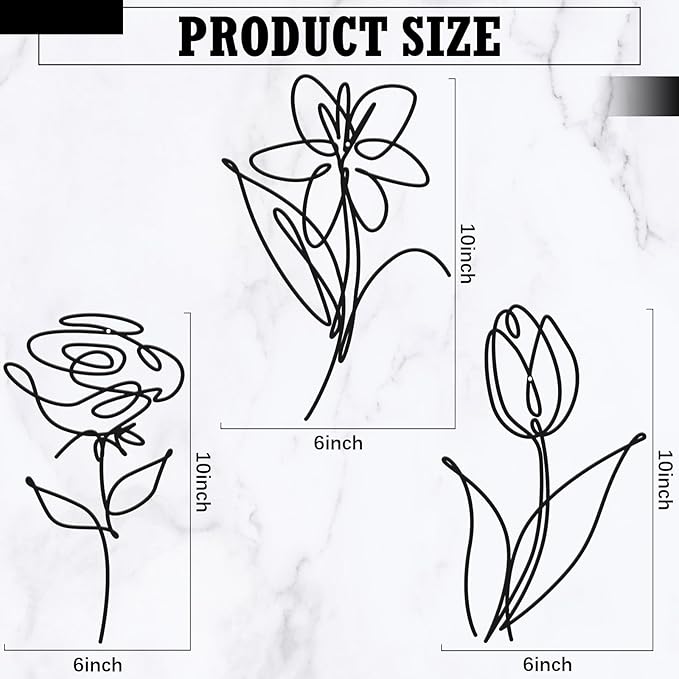 Ferraycle 3 Set of Metal Flower Wall Decor 9.84 x 5.91 Inch Mother's Day Metal Wall Ornament Art Black Minimalist Wire Signs for Bedroom Patio Balcony Bathroom Office Restaurant Shop Presents Gifts