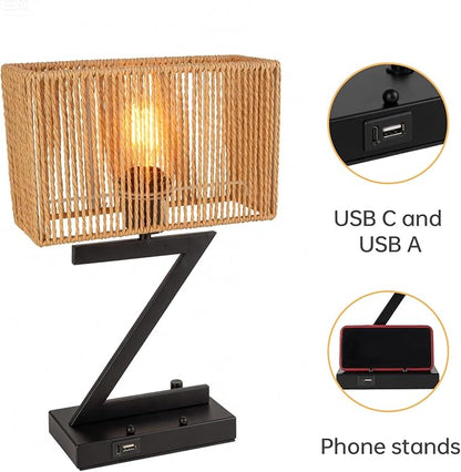 Touch Control Table Lamp, Black Z-Style : 3-Way Dimmable Desk Lamp with USB C & USB A Ports, Bedside Lamp with Phone Stand for Office, Bedroom, Living Room, Includes LED Bulb