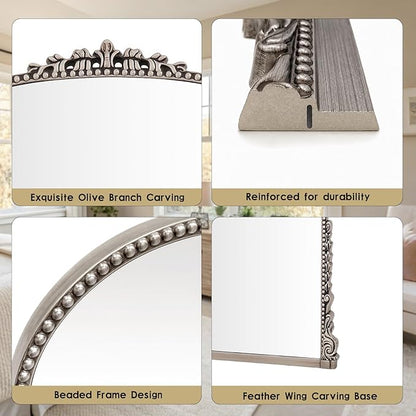 Antique Full Length Mirror 71" x 32", Antique Silver Arched Large Vintage Mirror in Baroque Style with Tempered Glass, Freestanding for Bedroom, Living Room, Cloakroom