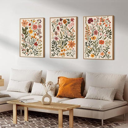 KISSFOX 3 Piece Boho Floral Canvas Wall Art For Bedroom Cottagecore Wild Flower Framed Wall Art Colorful Nature Modern Botanical Art Prints For Nursery Living Room,16x24 in