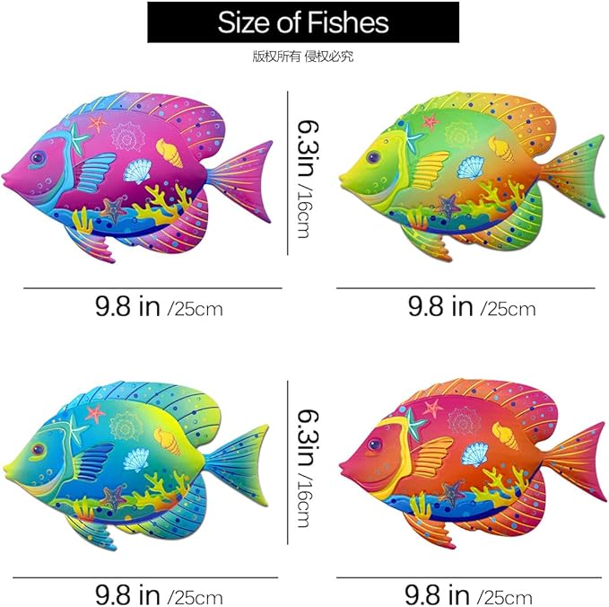 Oraytteo Metal Fish Wall Decor, Set of 4 Fishes Wall Art Decorations for Barthroom Fence Pool Patio Beach Home Decor, Indoor or Outdoor Decorations
