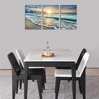 Canvas Wall Art Beach Sunset Ocean Waves Wall Decor 3 Pieces x 16" x 24" Modern Seascape Canvas Artwork Contemporary Nature Pictures Painting Giclee Prints Framed Ready to Hang for Home Decoration