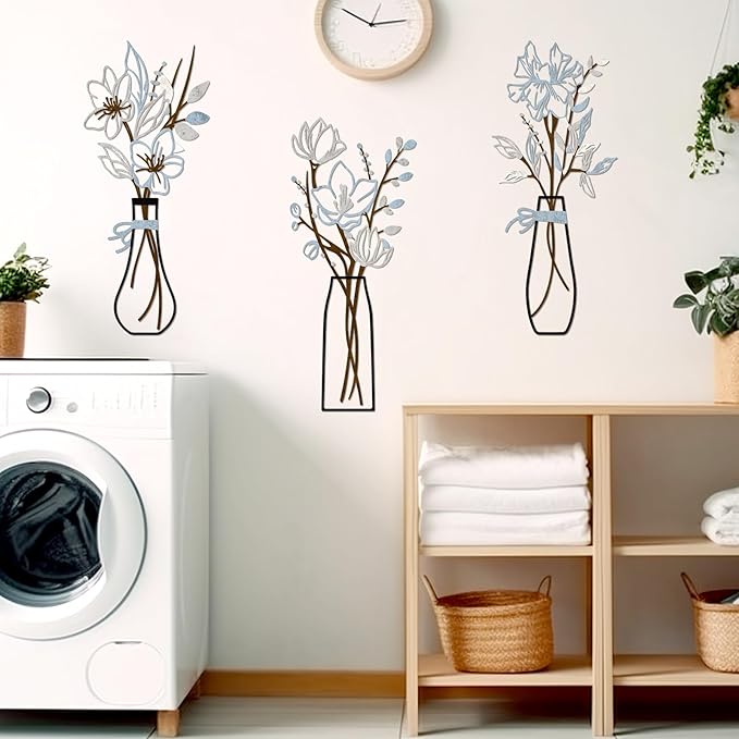 3 Pcs Metal Flowers Wall Arts Rustic Farmhouse Decor Bathroom Wall Decor Metal Wall Decor for Living-room Dining-Room Kitchen Minimalist Decor Housewarming Gifts (Blue Brown)