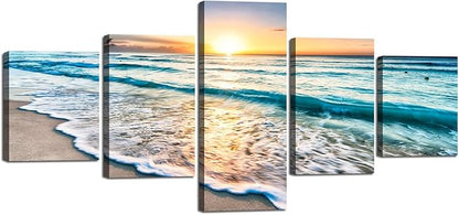 Beach Wave Ocean Painting on Canvas 5 Piece Wall Art Modern Landscape Scenery Posters and Prints Pictures for Living Room Bedroom Gallery-wrapped Canvas Art Set Framed (50''W x 24''H)