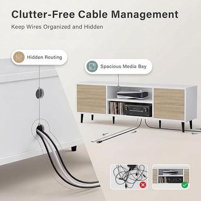 YESHOMY Mid-Century Modern TV Stand for 55-65 Inch TVs, 58 Inch Entertainment Center with Storage, Media Console with Push-to-Open Doors and Cable Management for Living Room, Bedroom(White and Beige)