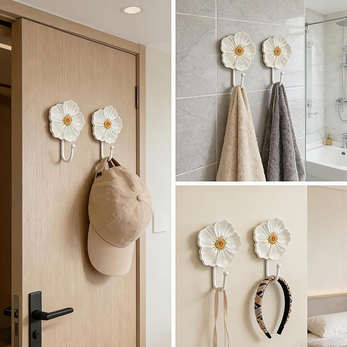Guichifun Flower Coat Hooks Wall Decor - 2pcs Resin White Decorative Wall Hooks for Hanging Clothes Coats Towels Keys Bags Hats Bathroom Home Decoration Gift 4.3 x 2.2 x 6 Inch