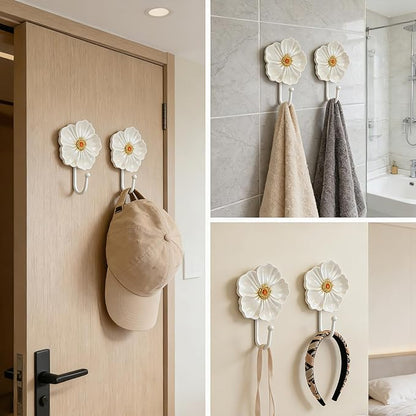 Guichifun Flower Coat Hooks Wall Decor - 2pcs Resin White Decorative Wall Hooks for Hanging Clothes Coats Towels Keys Bags Hats Bathroom Home Decoration Gift 4.3 x 2.2 x 6 Inch