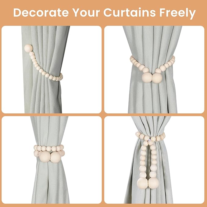 KLOGTSIND Magnetic Curtain Tiebacks, Curtain Tie Backs for Curtains 6 Pack, Wood Bead Curtain Tiebacks, Curtain Holders for Boho Bedroom Decor, Baby Nursery Decor, Farmhouse Decor