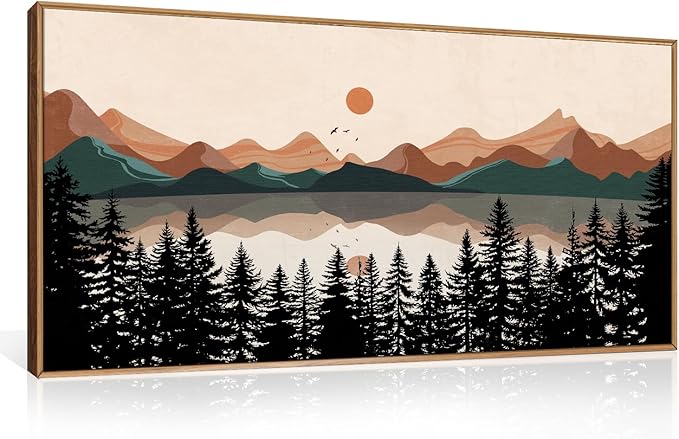 KAIRNE Vintage Mountain Lake Framed Canvas Wall Art Set, Mid Century Forest Wall Decor, Nature Pine Tree Art Prints, Modern Boho Sunset Artwork for Living Room,Bedroom,Farmhouse,Office-40 x20 x1