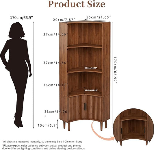 Lxsxlome Fluted Corner Cabinet, 66.928" Tall Corner Floor Cabinet with Sliding Doors and Shelves, Modern Wooden Freestanding Narrow Storage Organizer for Kitchen,Living Room (Walnut, 66.92" H)