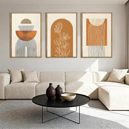 ANHUIB Large Boho Canvas Wall Art,Abstract Geometric Framed Wall Decor,Mid Century Modern Artwork,3 Piece 24x36In Beige Orange Painting for Living Room Bedroom,Office