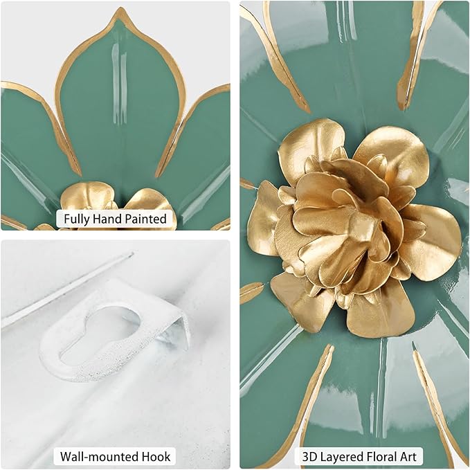 10" Metal Flowers Wall Decor, Green & Gold 3D Floral Metal Wall Art Decor for Inoor & Outdoor Use, Vintage & Modern Walls Arts for Bathroom, Living Room, Bedroom, Office, Garden, Patio, Porch, 1 Piece