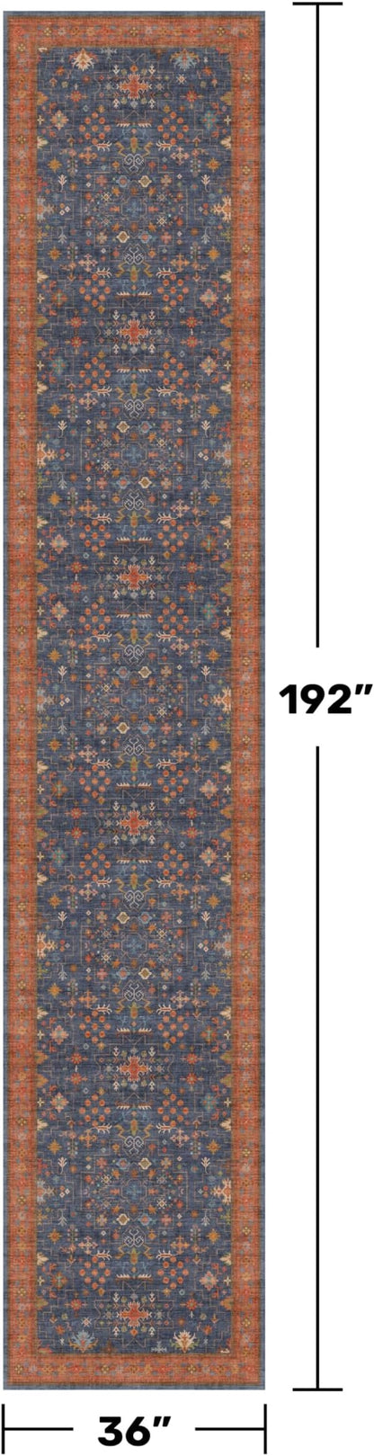 Hazo Haus Boho Washable 3x16 Extra Long Hallway Runner Rug, Navy Blue Large Kitchen Floor Rug Indoor, Non-Slip Stain & Fade Resistant, Vintage Unique Bohemian Blue Décor