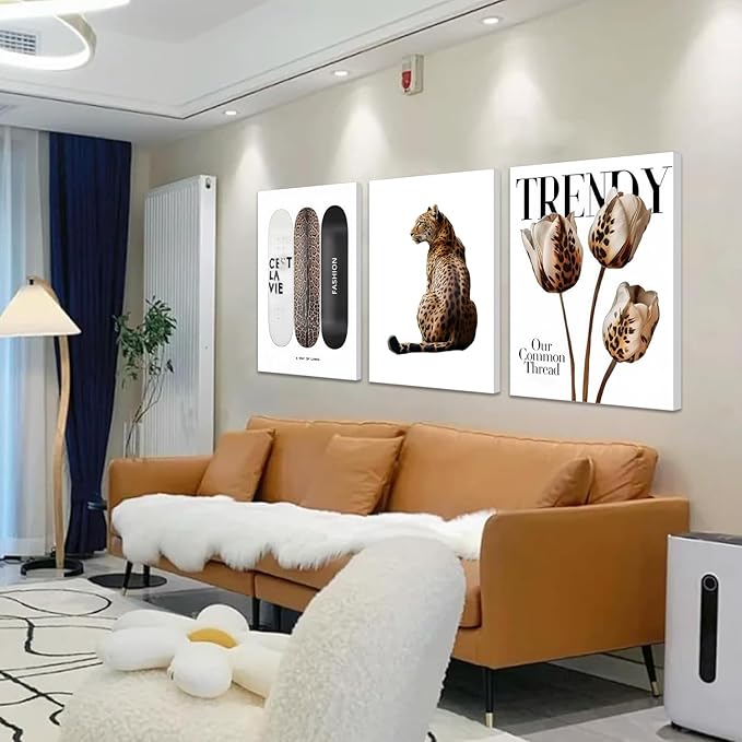 Trendy Leopard Canvas Wall Art Set of 3 Cheetah Printed Preppy Fashion Skateboard Wall Decor Preppy Room Aesthetic posters Prints for Girls Bedroom Apartment Dorm 16x24in Framed Decoration