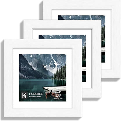 Hongkee 5x5 Picture Frame with Real Glass - Display Pictures 4x4 with Mat or 5 x 5 without Mat, Photo Frame for Wall or Table Top Display(White, 3 Pack)