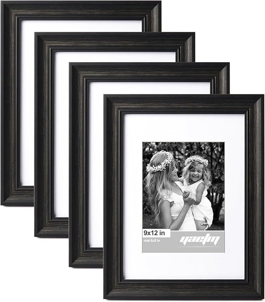 Yaetm 9x12 Picture Frame Matted to 6x8 Set of 4, 1.4” Wide Molding & Distressed Black Photo Frames 9 x 12 with Tempered Glass, Display on Tabletop & Wall Mounting (4 pack, Black)