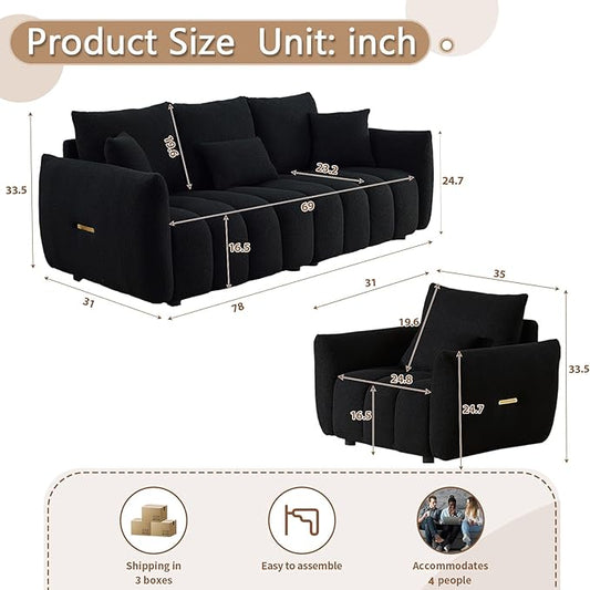 Antetek Teddy Sofa Set for Living Room, Modern Deep Seat Sofa Chair and Oversized 3-Seater Cloud Boucle Couch for Bedroom, Office, Apartment, Furniture Set, Black (2 Piece)