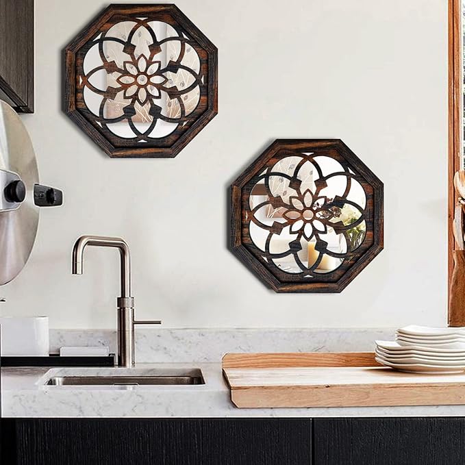 ZOLAPI 2-Piece Octagon Wall-Mounted Mirrors,Vintage Farmhouse Mirror for Wall Decor,Caramel Color Decorative Accent Mirror for Foyer, Bathroom, Bedroom. (12”x12”)